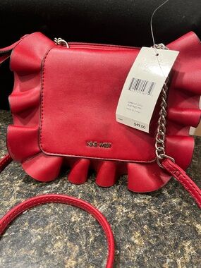 NWT Nine West Red Ruffle “Bunny” Crossbody Handbag Purse with 2 Compartments